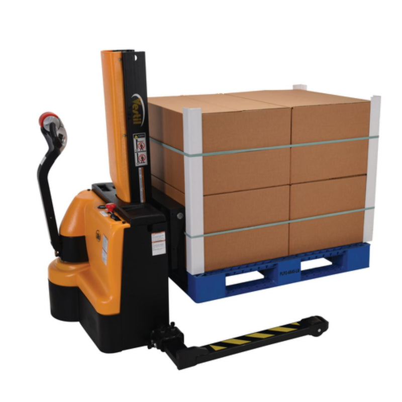 Vestil Steel Narrow Mast Stacker DC Powered 43 In. Raised Height Adjustable Forks and Support Legs 3,000 Lb. Capacity Black / Yellow - SNM3-43-AA