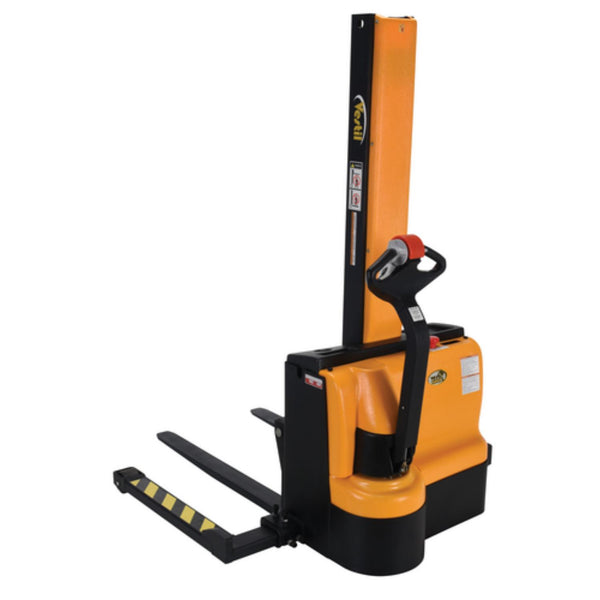 Vestil Steel Narrow Mast Stacker DC Powered 62 In. Raised Height Adjustable Forks and Support Legs 2,200 Lb. Capacity Black / Yellow - SNM-62-AA