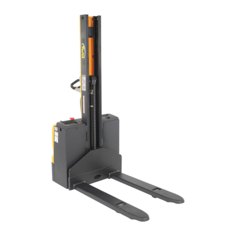 Vestil Steel Narrow Mast Stacker DC Powered 62 In. Raised Height Fixed Fork 27 In. Fork Width 2,200 Lb. Capacity Black / Yellow - SNM-62-FF-27