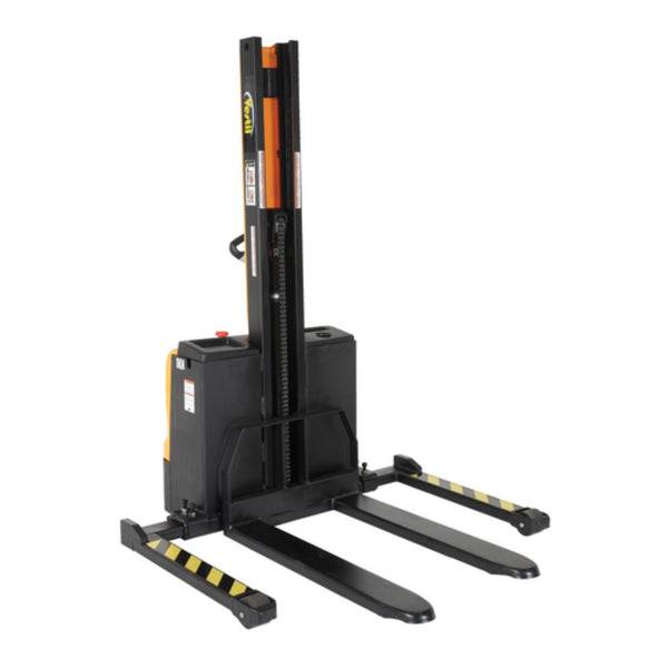 Vestil Steel Narrow Mast Stacker DC Powered 62 In. Raised Height Fixed Fork Adjustable Support Legs 2,200 Lb. Capacity Black / Yellow - SNM-62-FA
