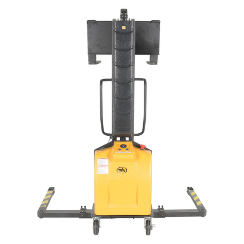Vestil Steel Narrow Mast Stacker DC Powered 63 In. Raised Height Adjustable Forks and Support Legs 1,000 Lb. Capacity Yellow - SLNM-63-AA