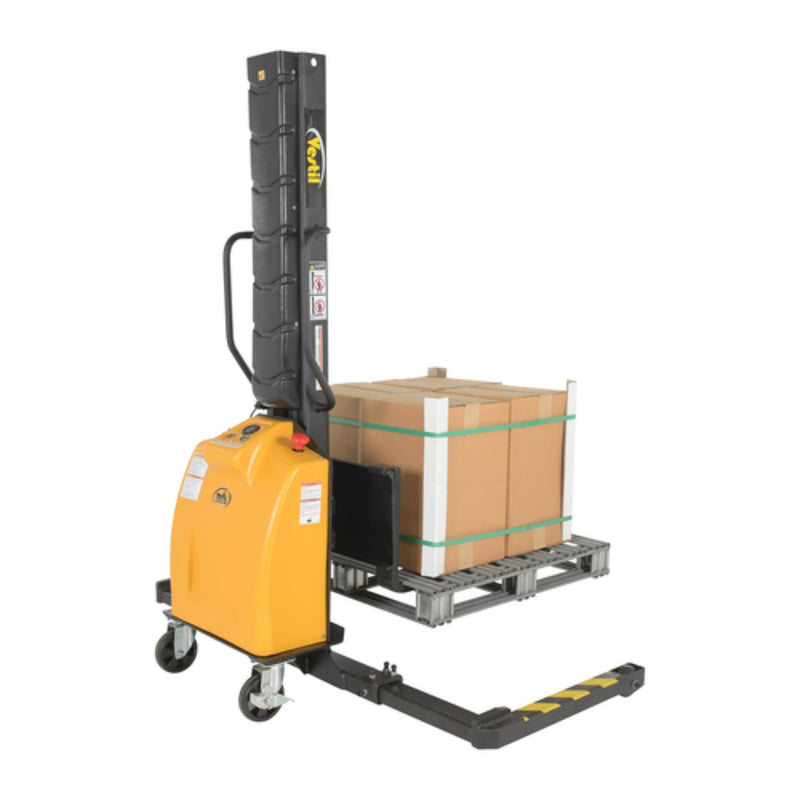 Vestil Steel Narrow Mast Stacker DC Powered 63 In. Raised Height Adjustable Forks and Support Legs 1,000 Lb. Capacity Yellow - SLNM-63-AA