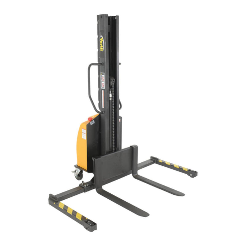 Vestil Steel Narrow Mast Stacker DC Powered 63 In. Raised Height Adjustable Forks and Support Legs 1,000 Lb. Capacity Yellow - SLNM-63-AA