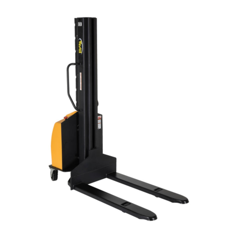 Vestil Steel Narrow Mast Stacker DC Powered 63 In. Raised Height Fixed Forks 30 In. Fork Width 1,000 Lb. Capacity Yellow - SLNM-63-FF