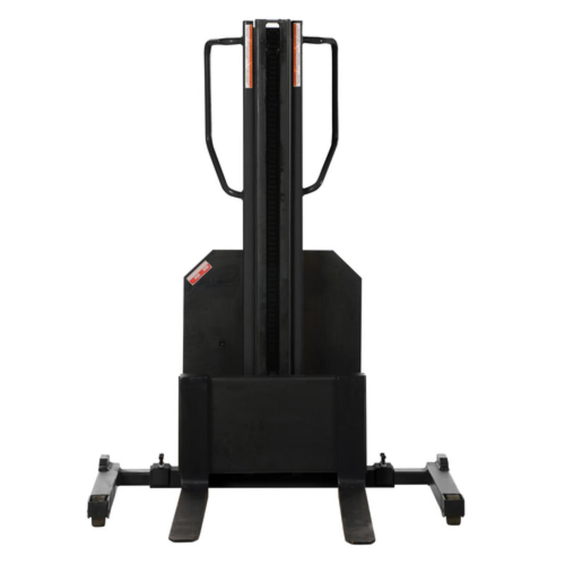 Vestil Steel Narrow Mast Stacker DC Powered 98 In. Raised Height Adjustable Forks and Support Legs 1,500 Lb. Capacity Yellow - SLNM-98-AA