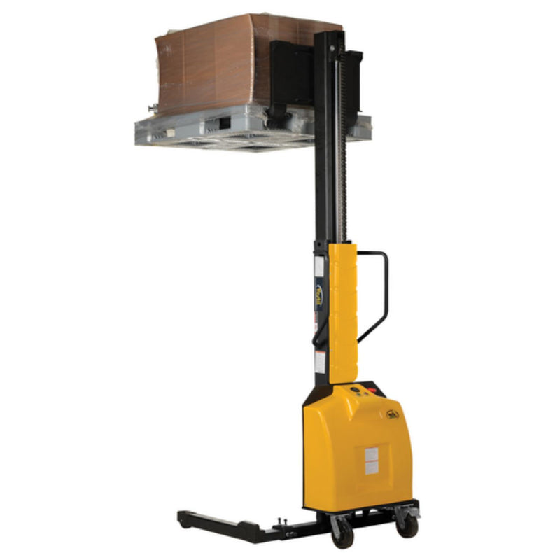 Vestil Steel Narrow Mast Stacker DC Powered 98 In. Raised Height Adjustable Forks and Support Legs 1,500 Lb. Capacity Yellow - SLNM-98-AA