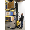 Vestil Steel/Plastic Hand Pump DC Powered Stacker with Adjustable Forks and Legs 118 In. Raised Height 2,000 Lb. Capacity Black / Yellow - SE/HP-118-AA