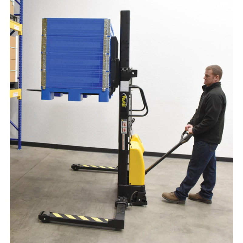 Vestil Steel/Plastic Hand Pump DC Powered Stacker with Adjustable Forks and Legs 98 In. Raised Height 2,000 Lb. Capacity Black / Yellow - SE/HP-98-AA