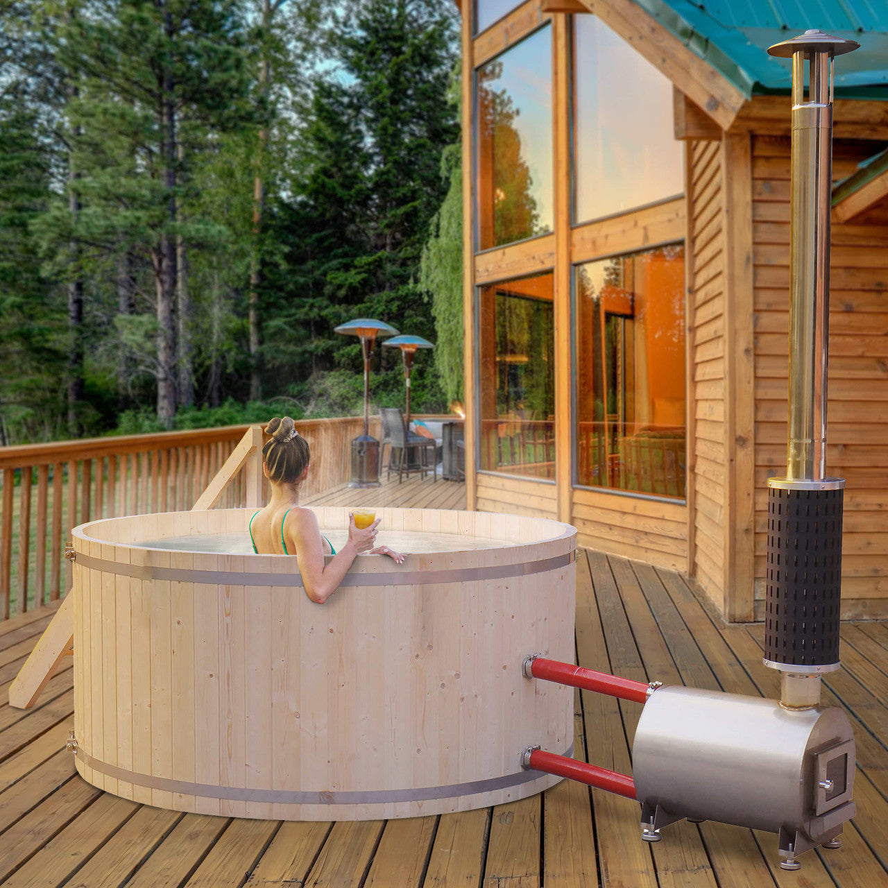 Aleko Wood-Fired Hot Tub and Ice Bath – 4-5 Person – Pine PEWSHTUB-AP - Serenity Provision
