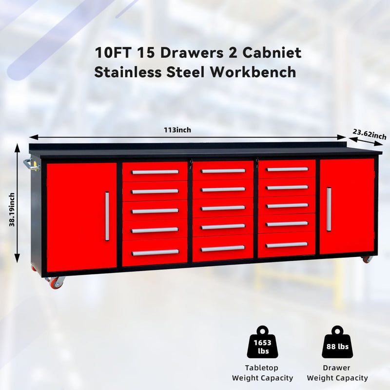 10ft Storage Workbench 15 Drawers with Wheels