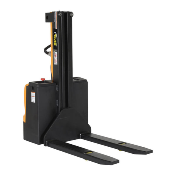 Vestil Steel Narrow Mast Stacker DC Powered 90 In. Raised Height Fixed Fork 27 In. Fork Width 2,500 Lb. Capacity Black / Yellow - SNM-90-FF-27