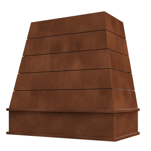 Chocolate Wood Range Hood With Tapered Shiplap Front and Block Trim - 30", 36", 42", 48", 54" and 60" Widths Available