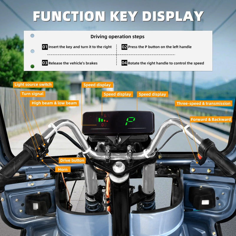 Electric Cargo Tricycle Truck with Canopy 1760lb Load Capacity, 60V 1500W Motor