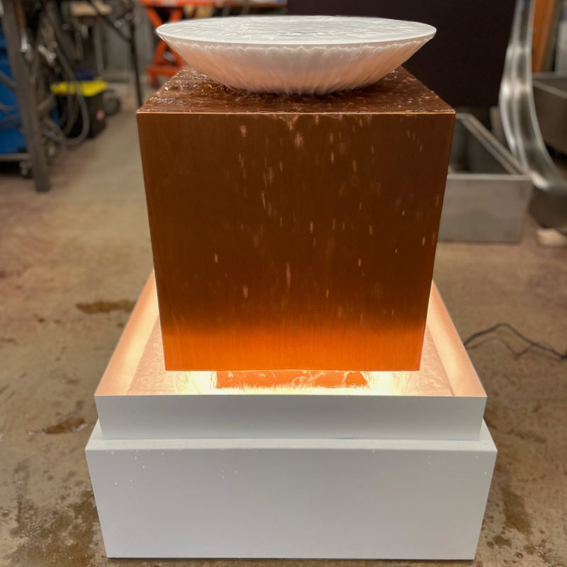 Aura Single Bowl Copper Cube Fountain | Custom Metal Outdoor Water Feature | White Resin Or Copper Bowl