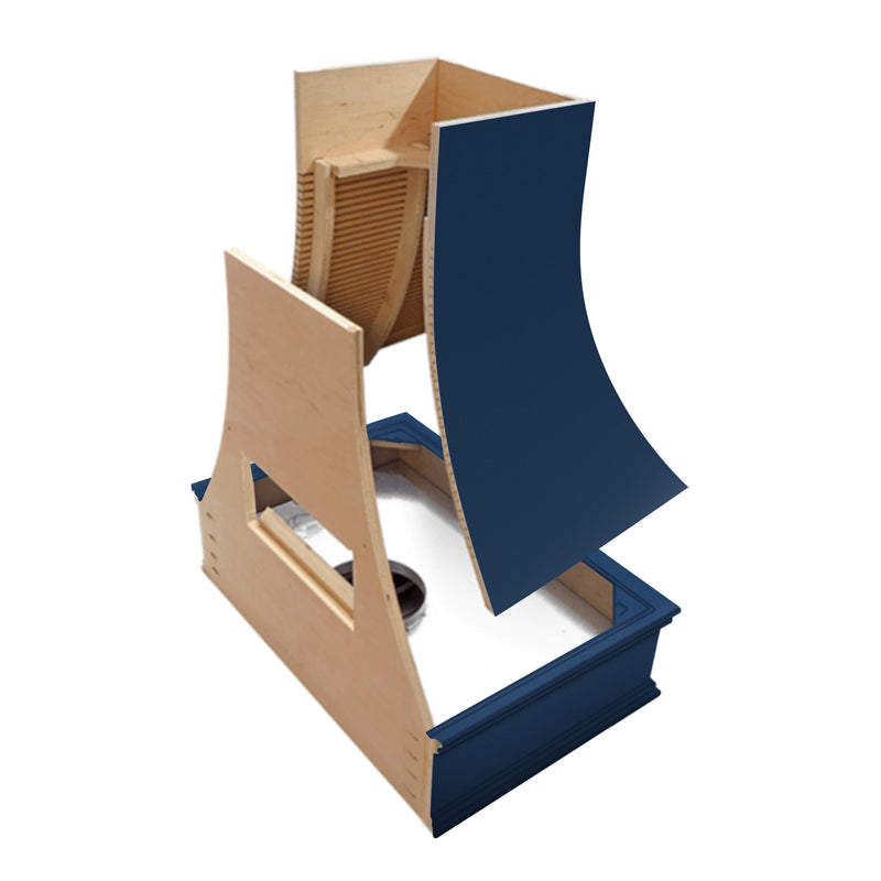 Navy Blue Wood Range Hood With Angled Front and Walnut Band - 30", 36", 42", 48", 54" and 60" Widths Available