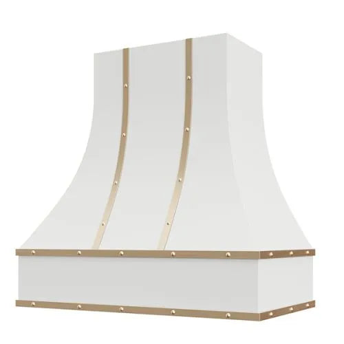 Primed Range Hood With Curved Front, Brass Strapping and Buttons - 30", 36", 42", 48", 54" and 60" Widths Available