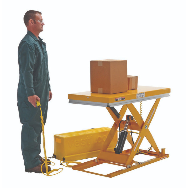 Vestil Steel Work Station Electric Hydraulic Scissor Table 24 In. x 48 In. 1500 Lb. Capacity Yellow - EHLT-WS-2448-1.5-36